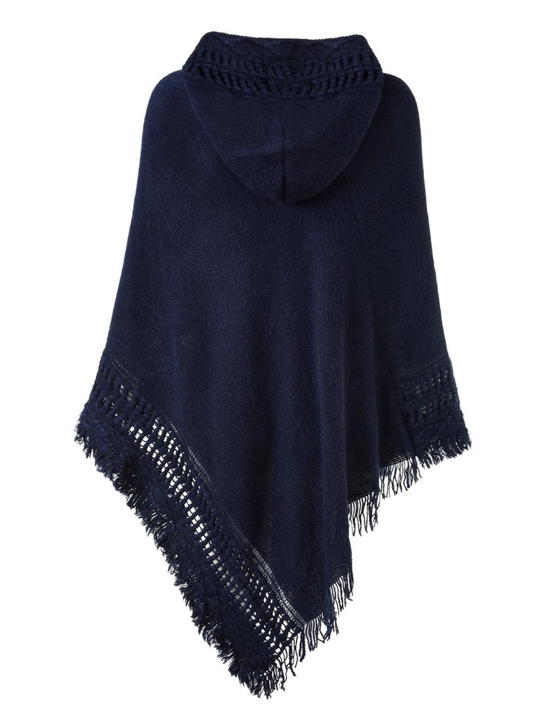 Ferand Ladies' Hooded Cape with Fringed Hem, Crochet Poncho Knitting Patterns for Women, Navy Blue - Image 2
